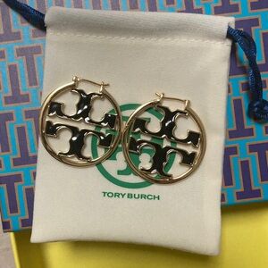 Tory Burch Gold Hoop Earrings with Black Enamel Logo